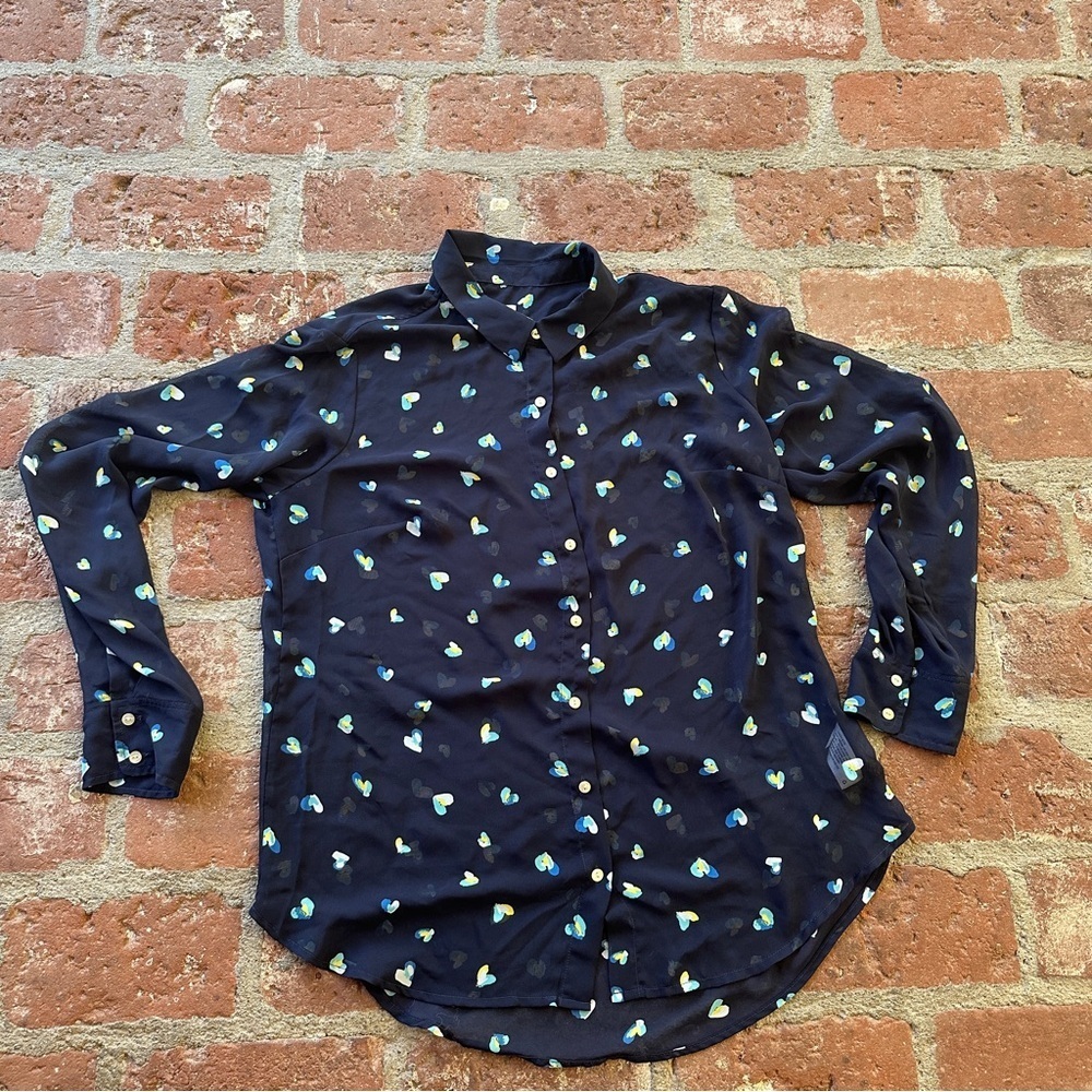 A New Day,Navy Blue Sheer Heart Prints Long Sleeves Top/Blouse Large